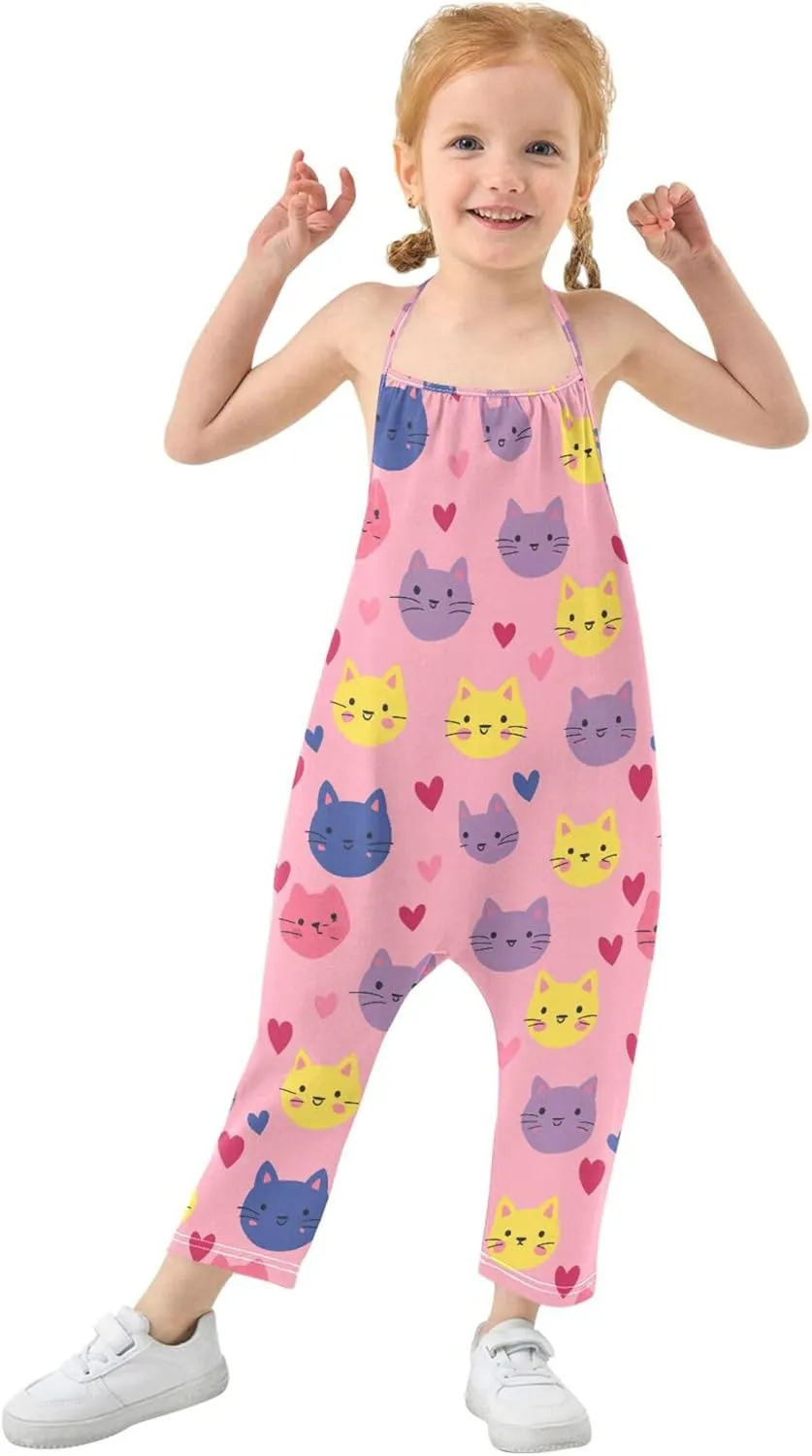 Wudan Cartoon Hearts Cat Pink Toddler Girl Romper with Pockets Sleevesless Jumpsuits Cotton Outfits Summer 1T