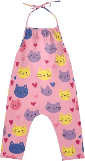 Wudan Cartoon Hearts Cat Pink Toddler Girl Romper with Pockets Sleevesless Jumpsuits Cotton Outfits Summer 1T