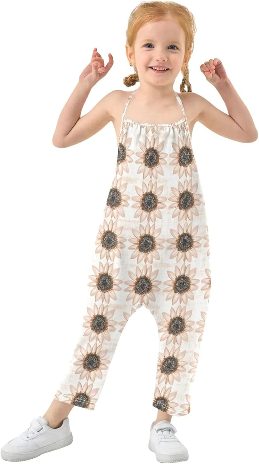 Wudan Cartoon Sunflower Star Rose Gold Toddler Girls Romper with Pockets Backless Jumpsuits Cotton Summer Romper Pants 1T