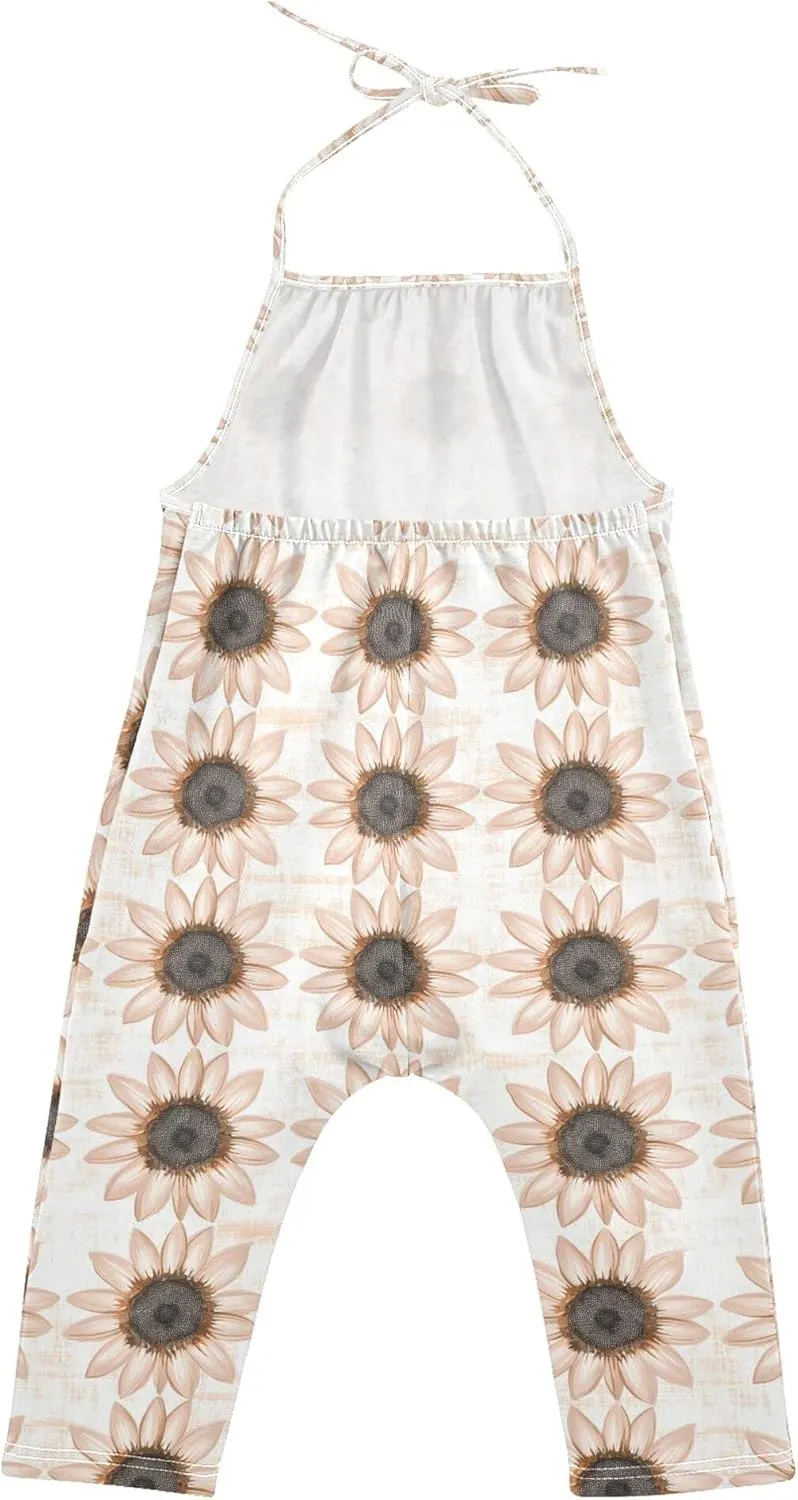 Wudan Cartoon Sunflower Star Rose Gold Toddler Girls Romper with Pockets Backless Jumpsuits Cotton Summer Romper Pants 1T