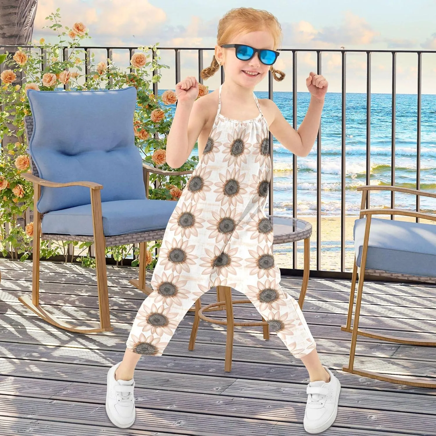 Wudan Cartoon Sunflower Star Rose Gold Toddler Girls Romper with Pockets Backless Jumpsuits Cotton Summer Romper Pants 1T