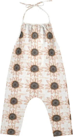 Wudan Cartoon Sunflower Star Rose Gold Toddler Girls Romper with Pockets Backless Jumpsuits Cotton Summer Romper Pants 1T