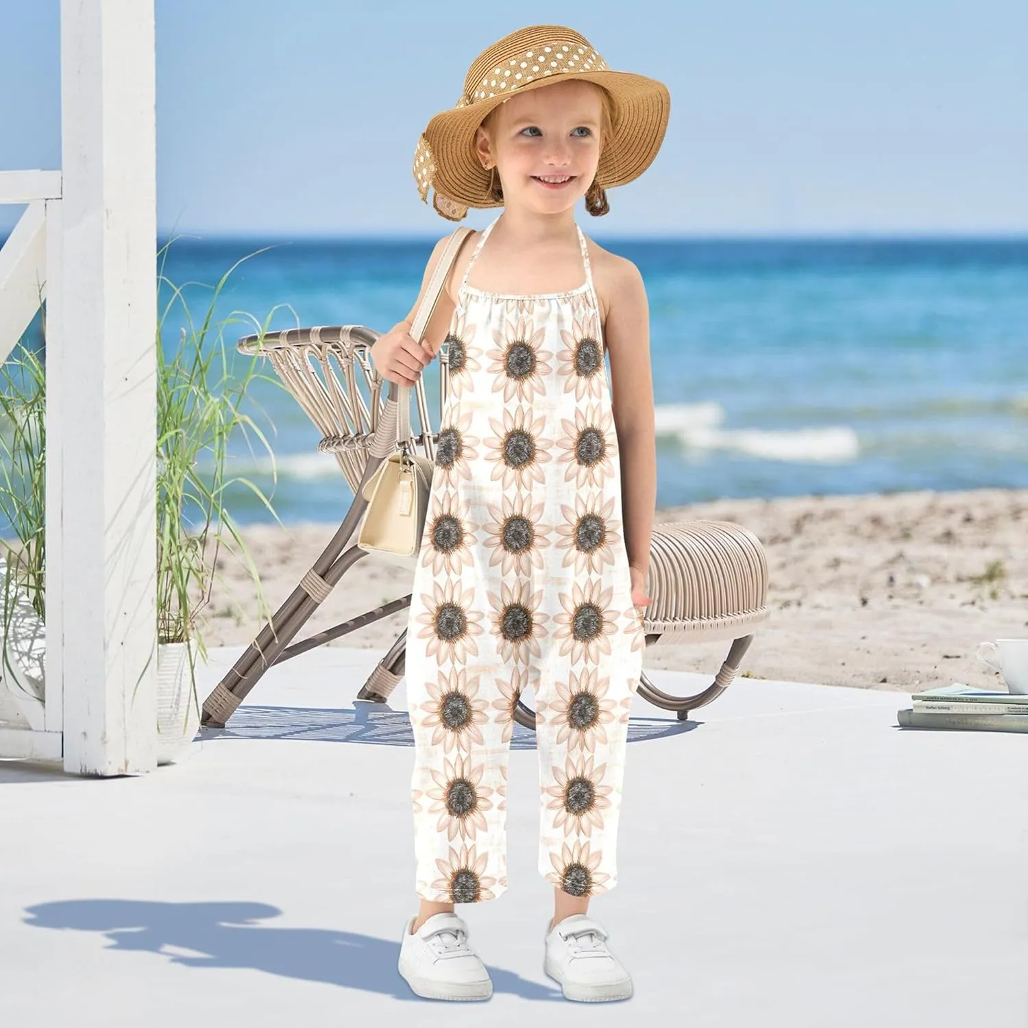 Wudan Cartoon Sunflower Star Rose Gold Toddler Girls Romper with Pockets Backless Jumpsuits Cotton Summer Romper Pants 1T