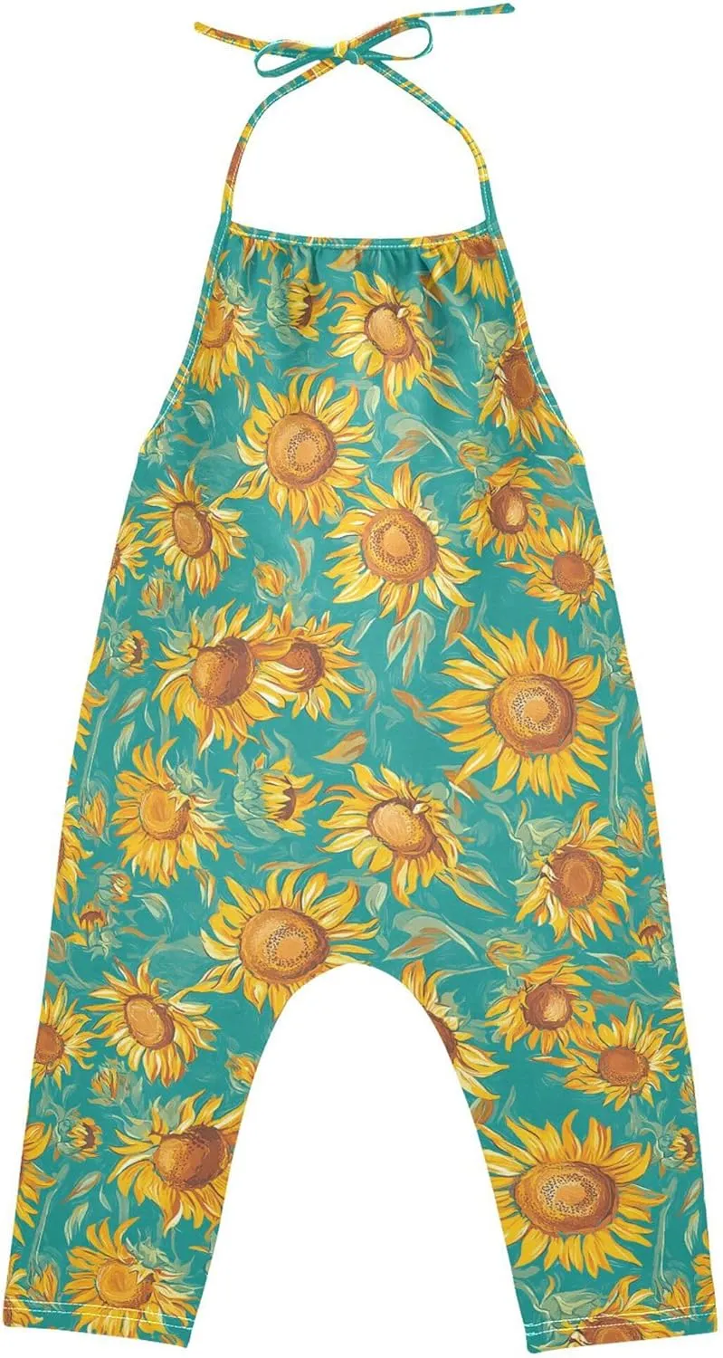 Wudan Cartoon Sunflower Star Teal Romper for Toddler Girl with Pockets Backless Jumpsuits Cotton Summer Pants Dresses 1T