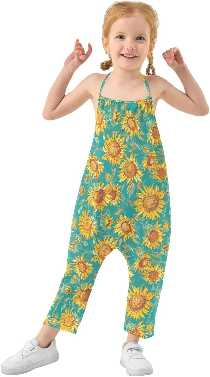 Wudan Cartoon Sunflower Star Teal Romper for Toddler Girl with Pockets Backless Jumpsuits Cotton Summer Pants Dresses 1T