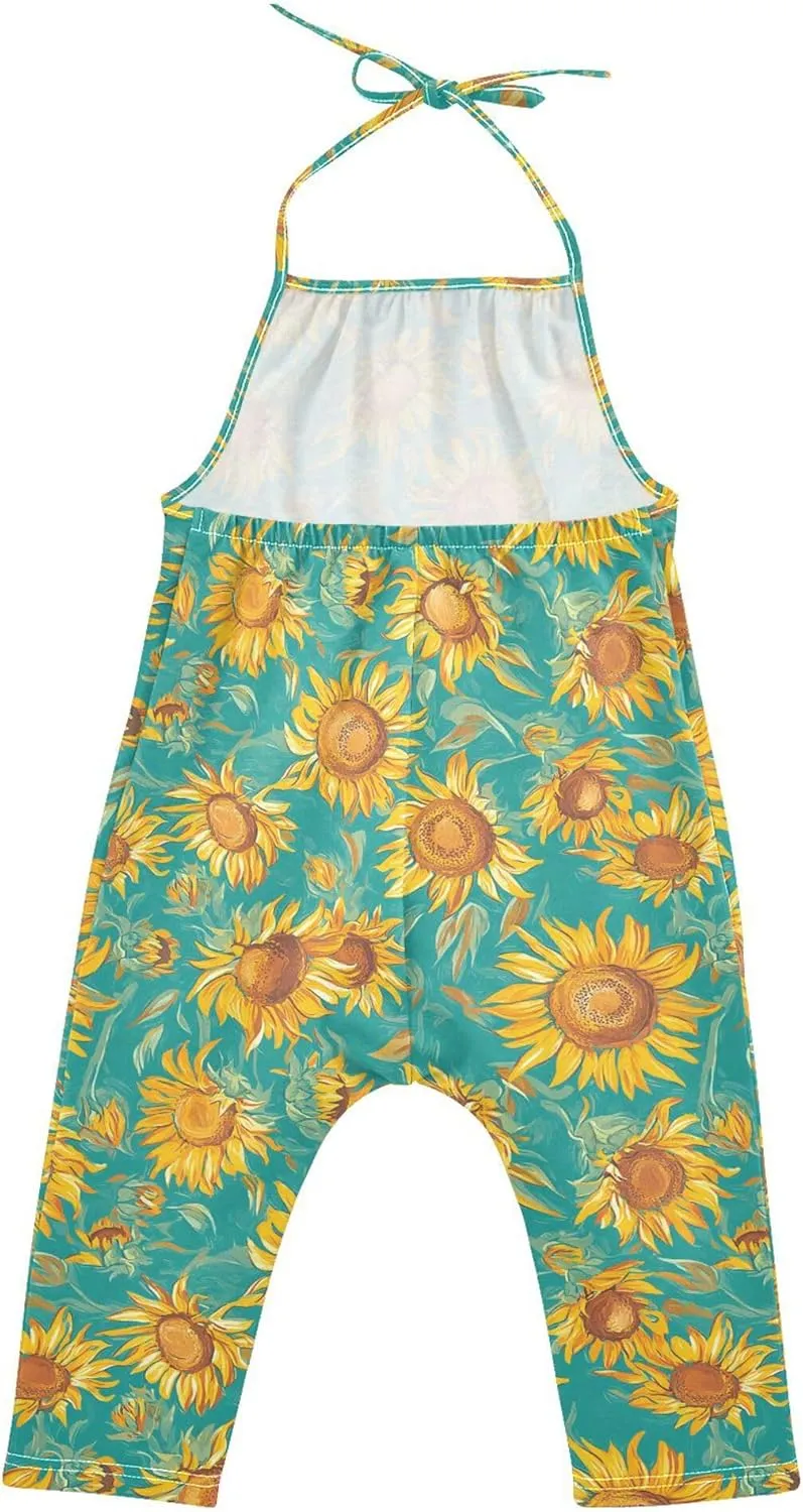 Wudan Cartoon Sunflower Star Teal Romper for Toddler Girl with Pockets Backless Jumpsuits Cotton Summer Pants Dresses 1T