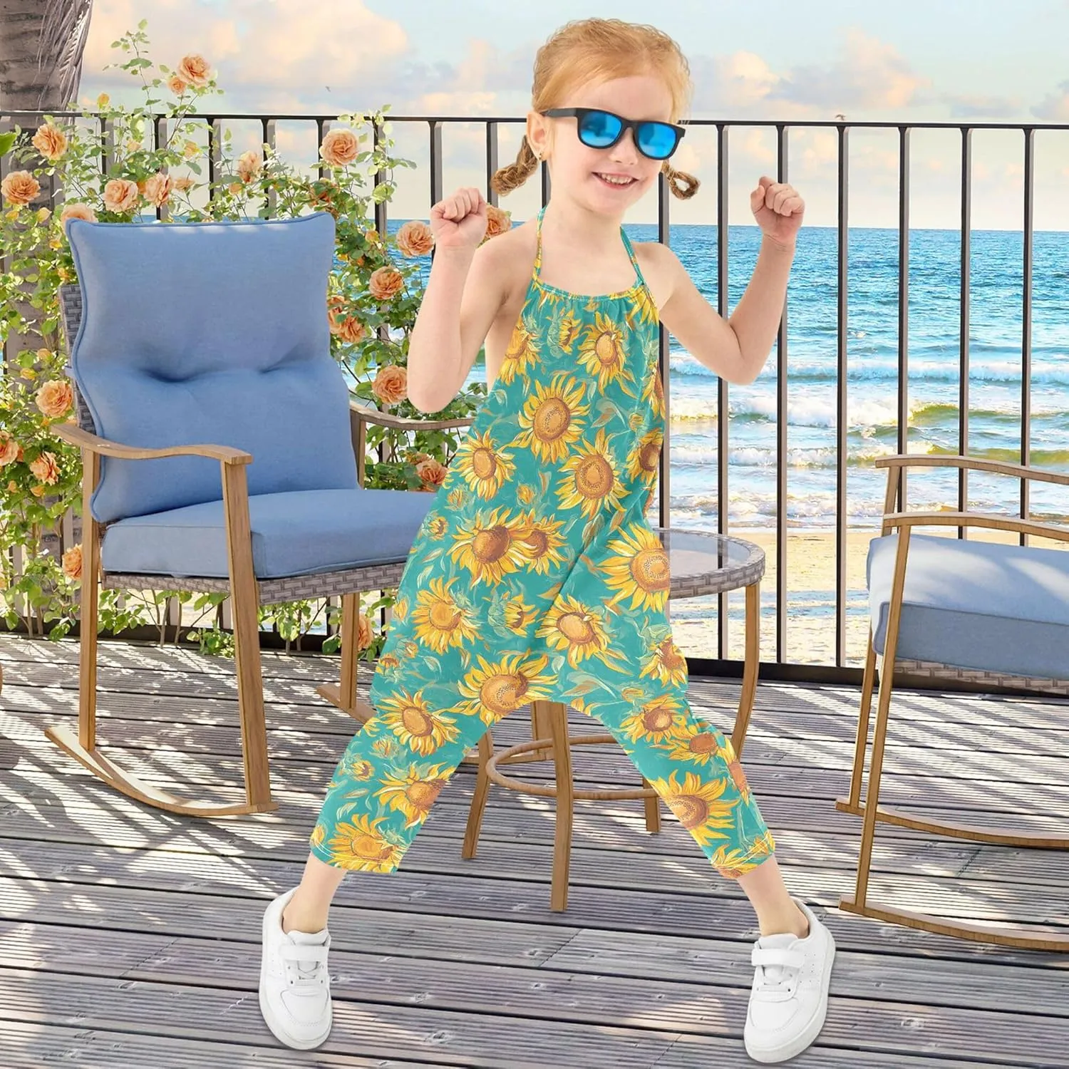 Wudan Cartoon Sunflower Star Teal Romper for Toddler Girl with Pockets Backless Jumpsuits Cotton Summer Pants Dresses 1T