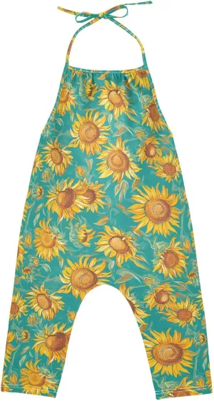 Wudan Cartoon Sunflower Star Teal Romper for Toddler Girl with Pockets Backless Jumpsuits Cotton Summer Pants Dresses 1T