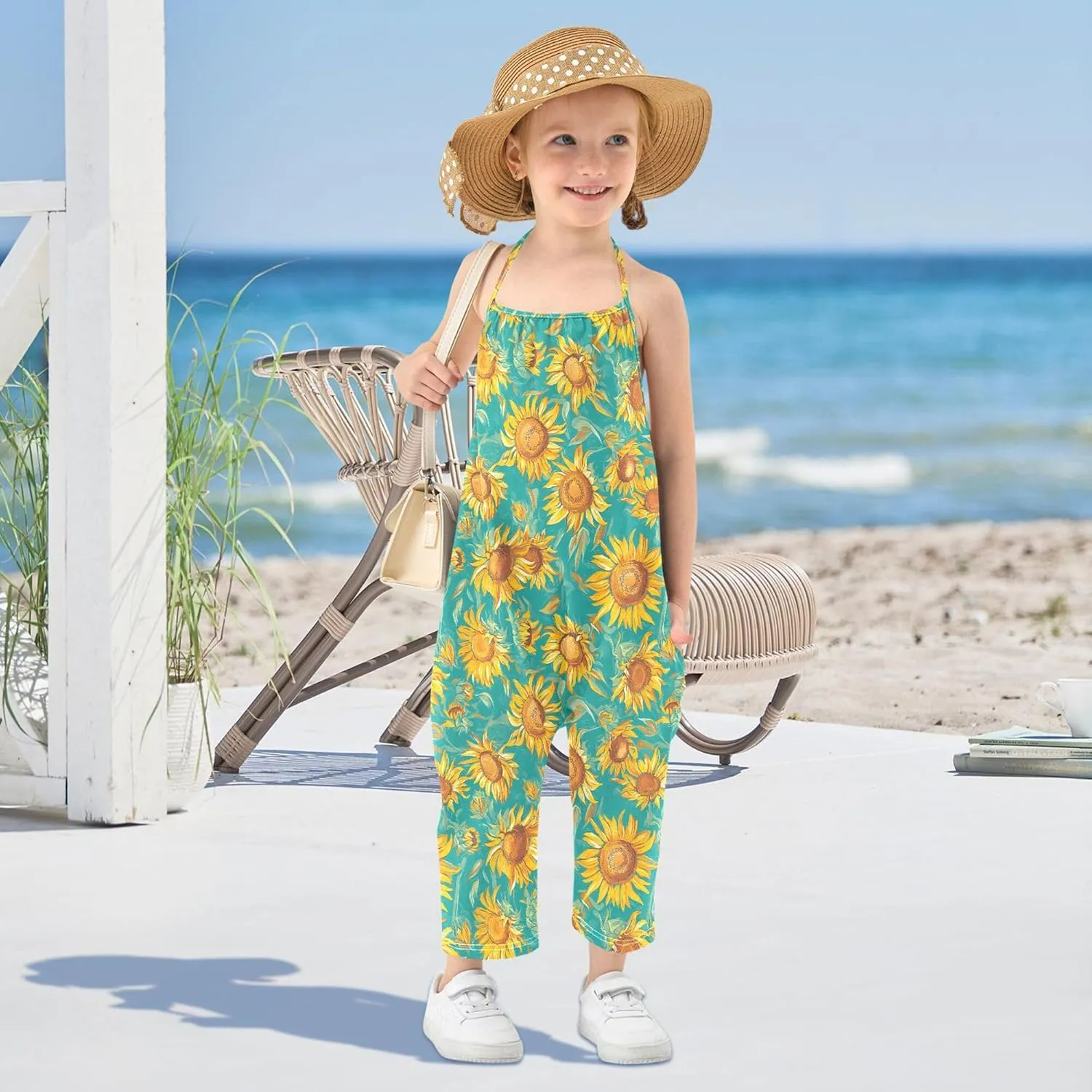 Wudan Cartoon Sunflower Star Teal Romper for Toddler Girl with Pockets Backless Jumpsuits Cotton Summer Pants Dresses 1T