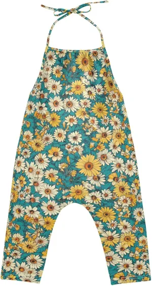 Wudan Cartoon Sunflower Star Teal Romper for Toddler Girl with Pockets Sleevesless Jumpsuits Cotton Outfits Summer 1T