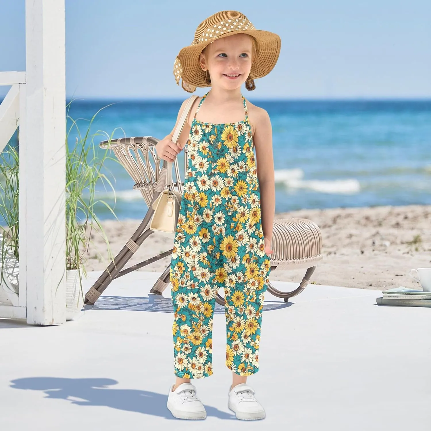 Wudan Cartoon Sunflower Star Teal Romper for Toddler Girl with Pockets Sleevesless Jumpsuits Cotton Outfits Summer 1T