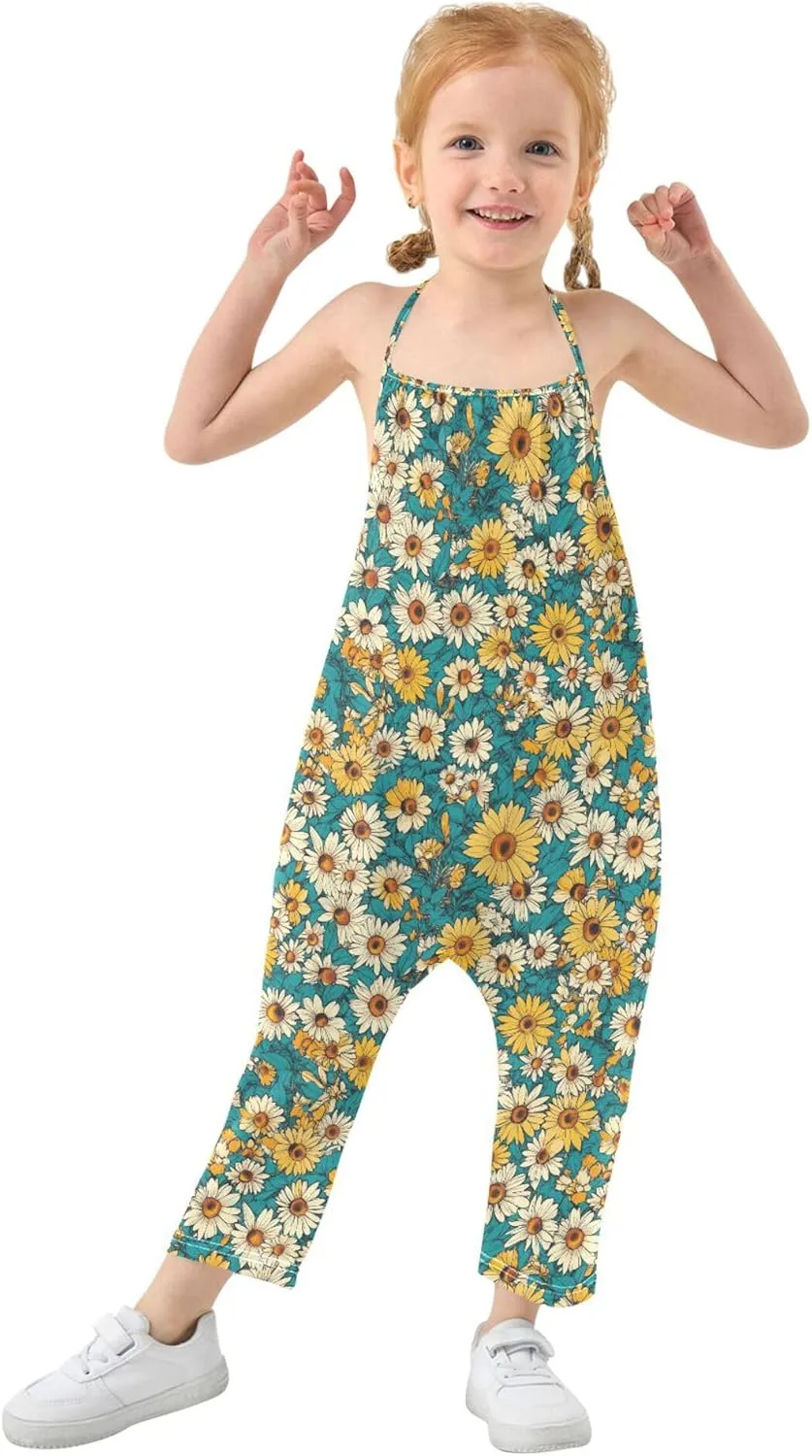 Wudan Cartoon Sunflower Star Teal Romper for Toddler Girl with Pockets Sleevesless Jumpsuits Cotton Outfits Summer 1T