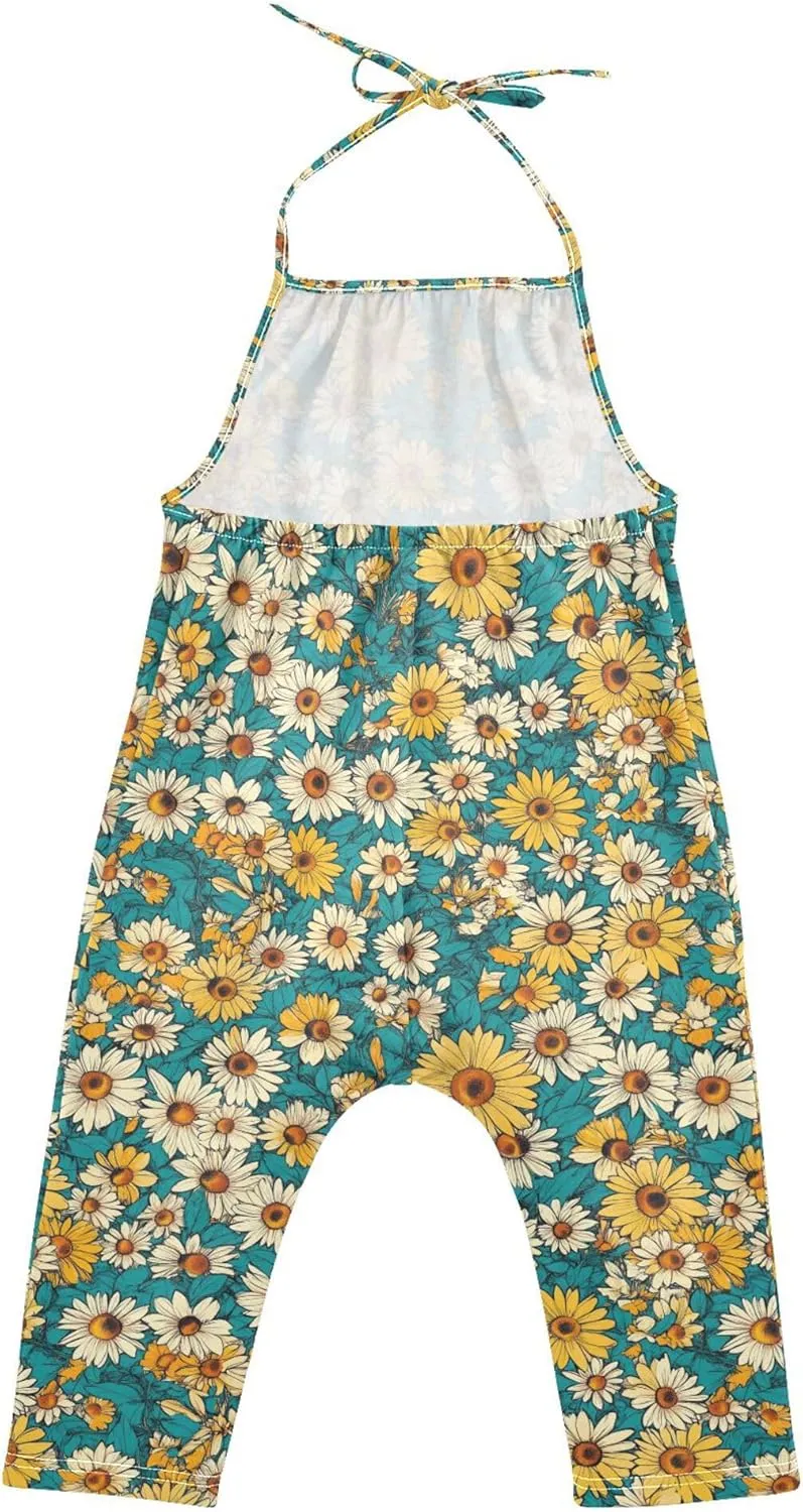 Wudan Cartoon Sunflower Star Teal Romper for Toddler Girl with Pockets Sleevesless Jumpsuits Cotton Outfits Summer 1T