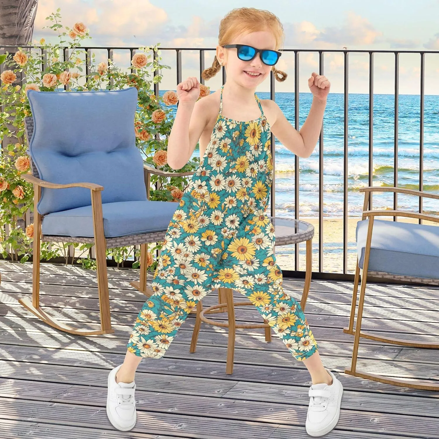 Wudan Cartoon Sunflower Star Teal Romper for Toddler Girl with Pockets Sleevesless Jumpsuits Cotton Outfits Summer 1T