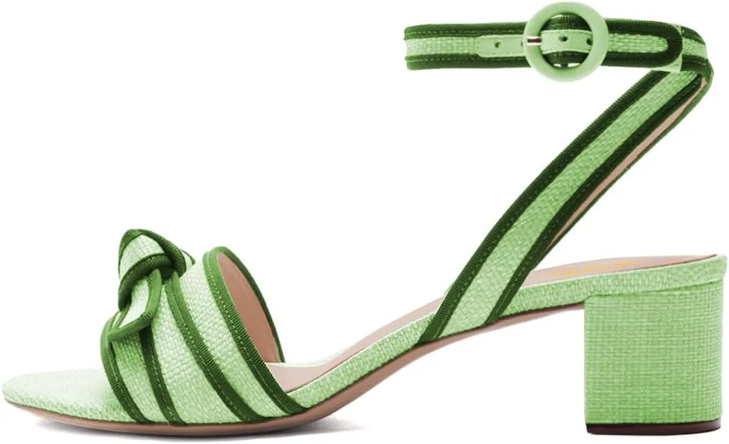 XYD Women Knotted Block Low Heel Sandals Crossed Ankle Strap Round Open Toe Color-blocking Dress Canvas Shoes