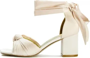 XYD Women Satin Block Heel Dress Sandals Bowknot Open Toe Ankle Strap Tie-up Pumps Dating Wedding Summer Shoes