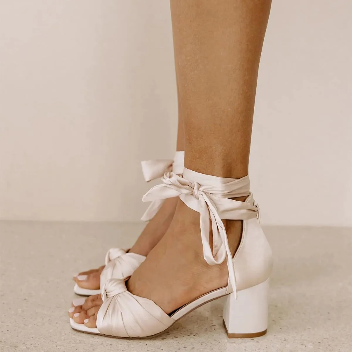 XYD Women Satin Block Heel Dress Sandals Bowknot Open Toe Ankle Strap Tie-up Pumps Dating Wedding Summer Shoes