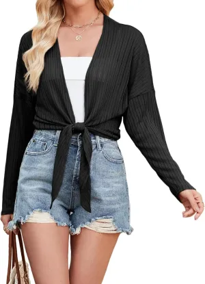 ZANZEA Tie Front Cardigan for Women Long Sleeve Sheer Bolero Shrug for Dresses Lightweight Cropped Shawl
