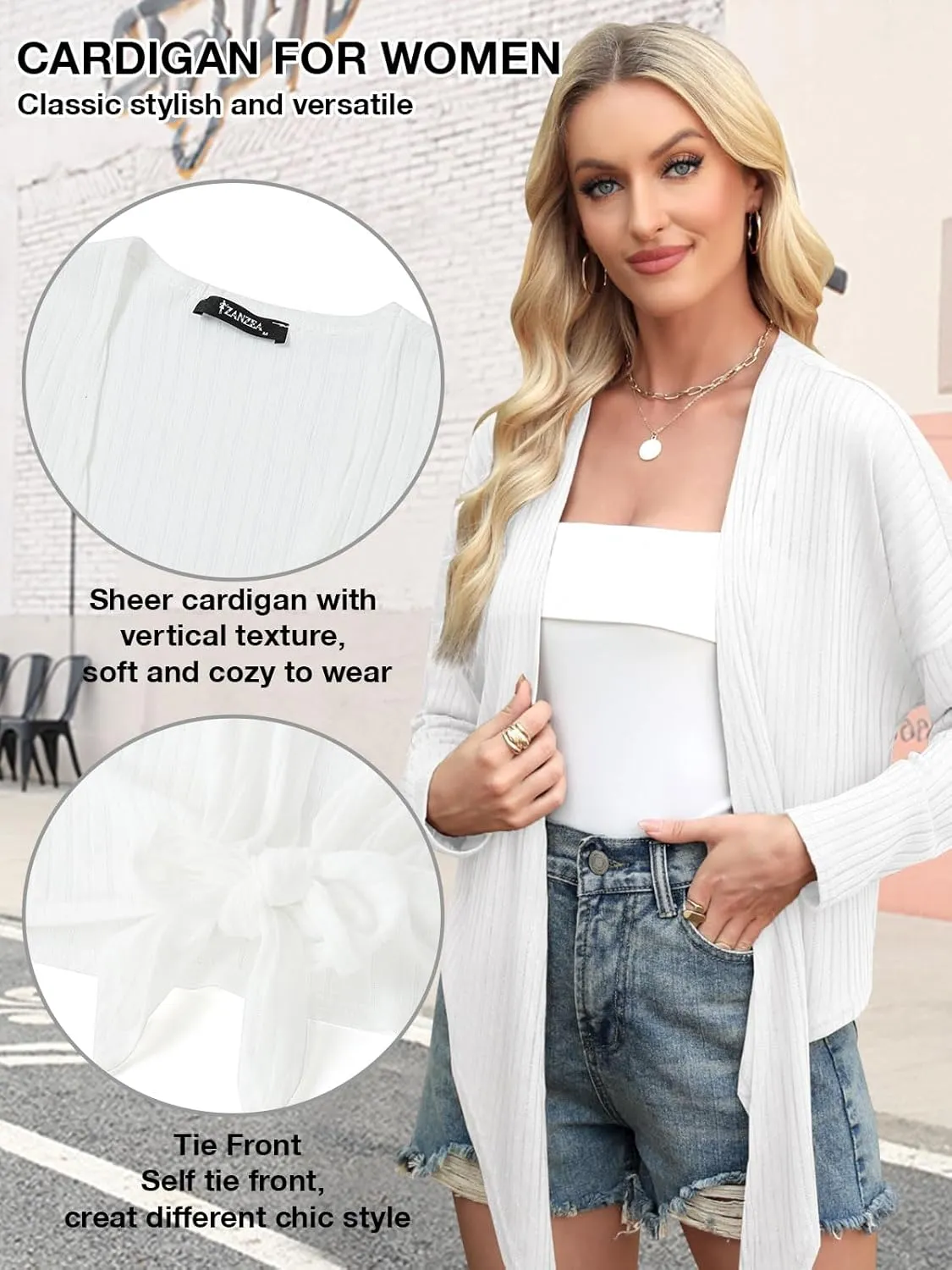 ZANZEA Tie Front Cardigan for Women Long Sleeve Sheer Bolero Shrug for Dresses Lightweight Cropped Shawl