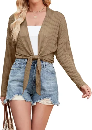 ZANZEA Tie Front Cardigan for Women Long Sleeve Sheer Bolero Shrug for Dresses Lightweight Cropped Shawl