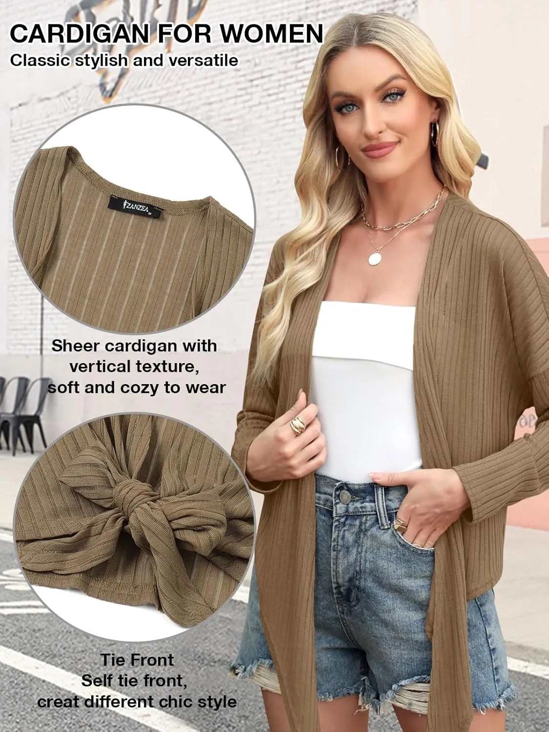 ZANZEA Tie Front Cardigan for Women Long Sleeve Sheer Bolero Shrug for Dresses Lightweight Cropped Shawl