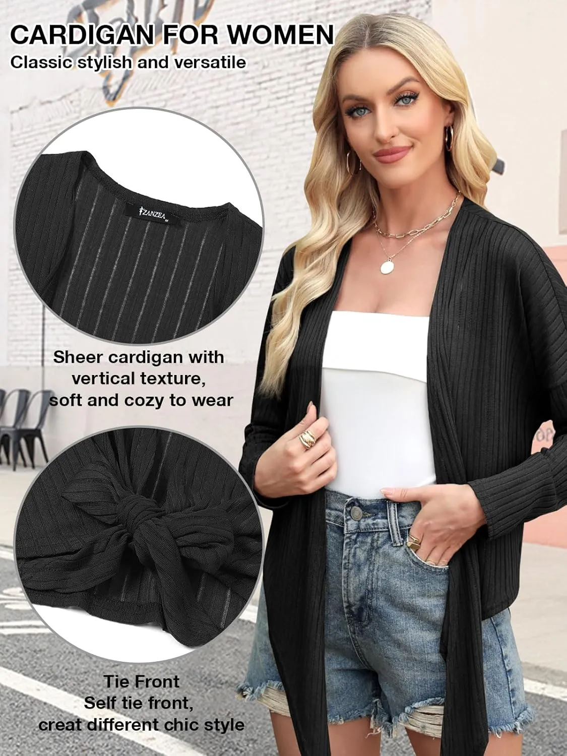 ZANZEA Tie Front Cardigan for Women Long Sleeve Sheer Bolero Shrug for Dresses Lightweight Cropped Shawl