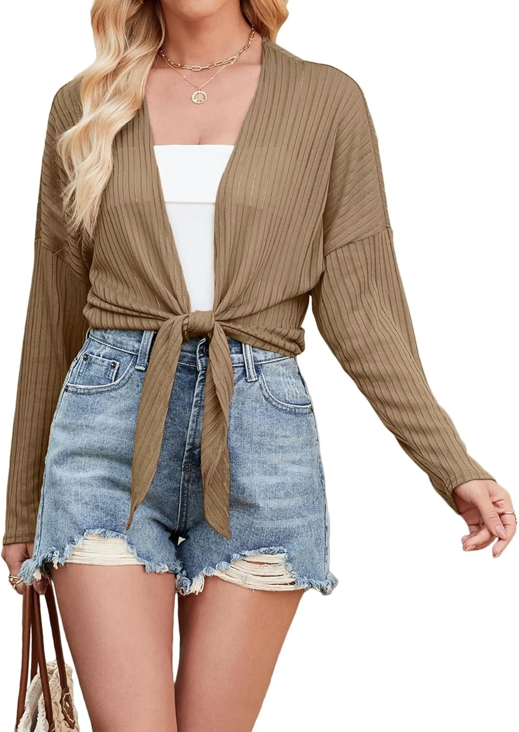 ZANZEA Tie Front Cardigan for Women Long Sleeve Sheer Bolero Shrug for Dresses Lightweight Cropped Shawl