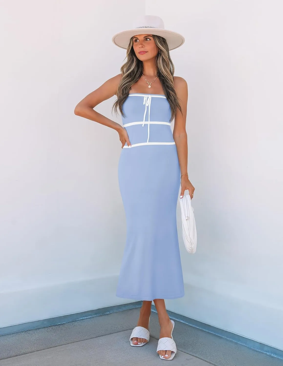 ZESICA Women's Summer Strapless Bodycon Midi Dress 2025 Off Shoulder Ribbed Knit Cocktail Party Long Dresses