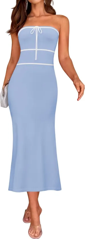 ZESICA Women's Summer Strapless Bodycon Midi Dress 2025 Off Shoulder Ribbed Knit Cocktail Party Long Dresses