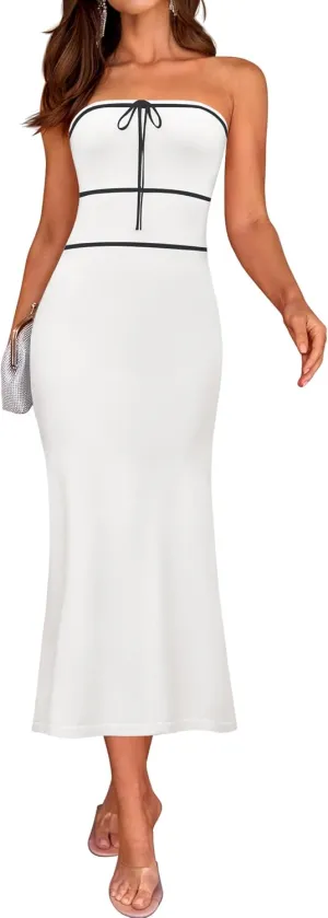ZESICA Women's Summer Strapless Bodycon Midi Dress 2025 Off Shoulder Ribbed Knit Cocktail Party Long Dresses