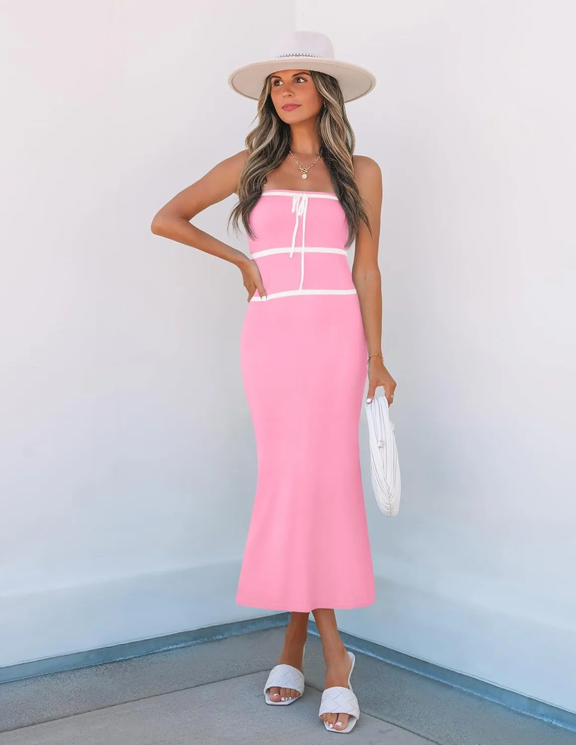 ZESICA Women's Summer Strapless Bodycon Midi Dress 2025 Off Shoulder Ribbed Knit Cocktail Party Long Dresses