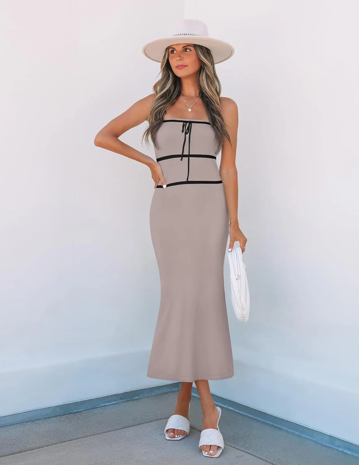 ZESICA Women's Summer Strapless Bodycon Midi Dress 2025 Off Shoulder Ribbed Knit Cocktail Party Long Dresses