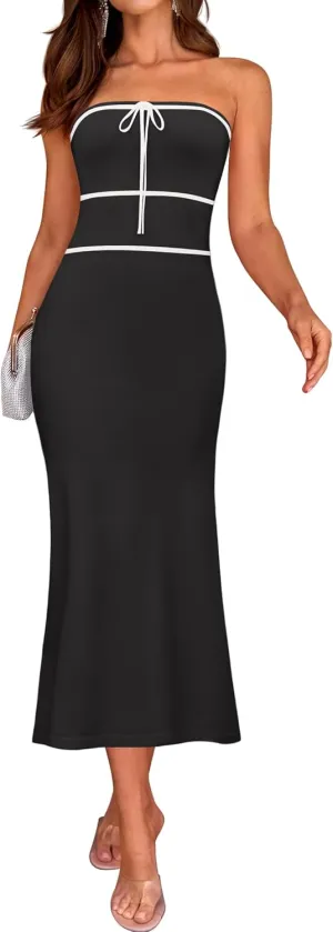 ZESICA Women's Summer Strapless Bodycon Midi Dress 2025 Off Shoulder Ribbed Knit Cocktail Party Long Dresses