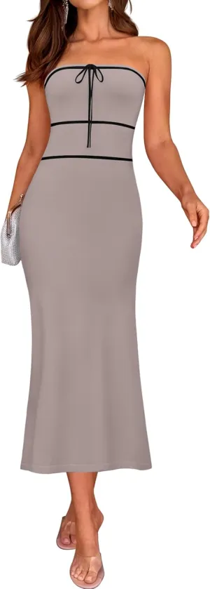 ZESICA Women's Summer Strapless Bodycon Midi Dress 2025 Off Shoulder Ribbed Knit Cocktail Party Long Dresses