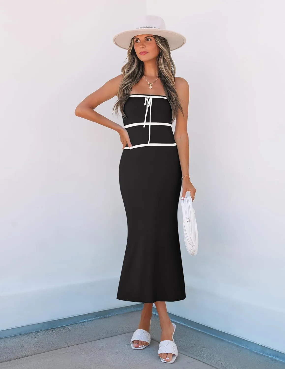 ZESICA Women's Summer Strapless Bodycon Midi Dress 2025 Off Shoulder Ribbed Knit Cocktail Party Long Dresses