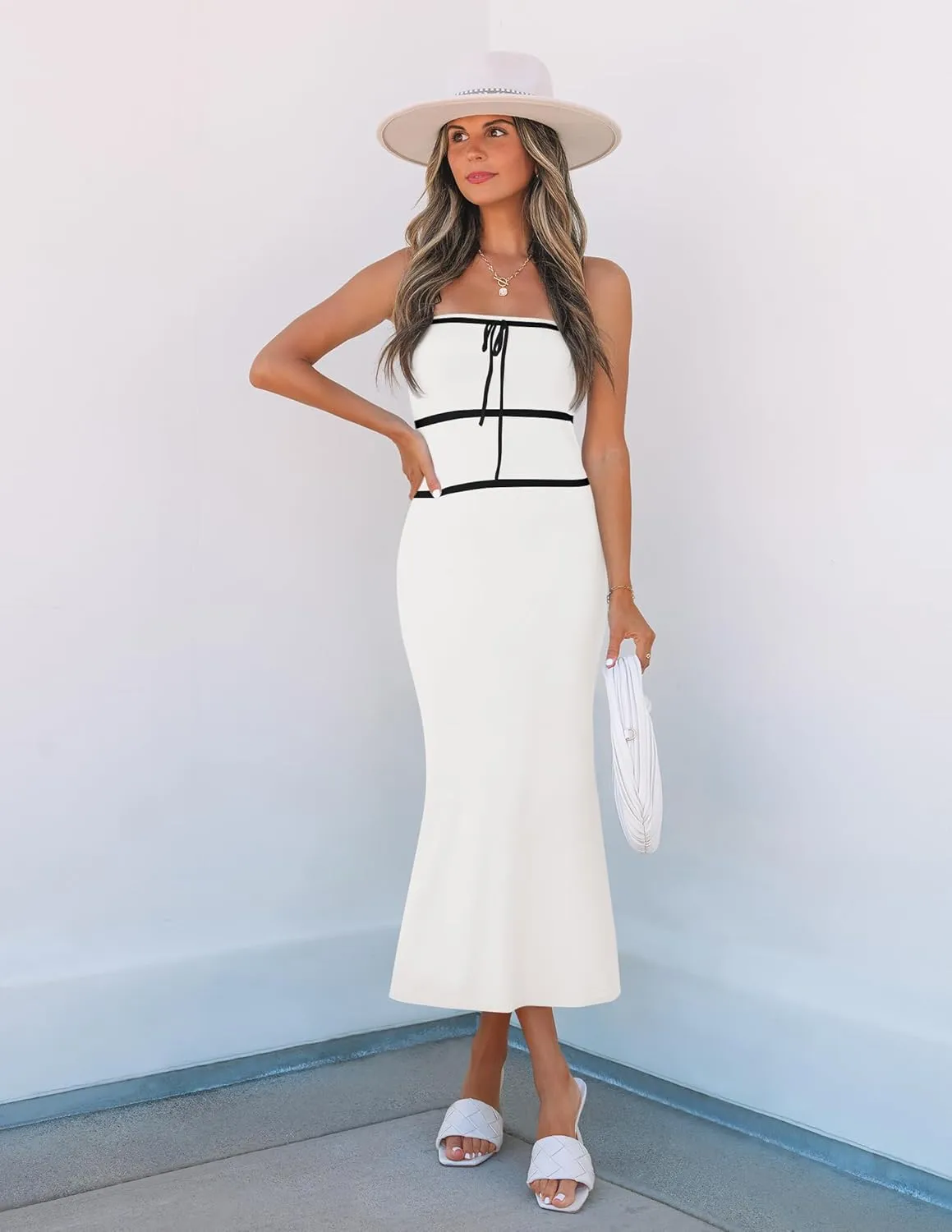 ZESICA Women's Summer Strapless Bodycon Midi Dress 2025 Off Shoulder Ribbed Knit Cocktail Party Long Dresses