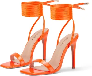 Zhabtuc Women Strappy Heeled Sandals, 4.3 inch Stilettos Ankle Strap Lace Up Square Toe High Heels Sandals Party Evening Sandals Shoes
