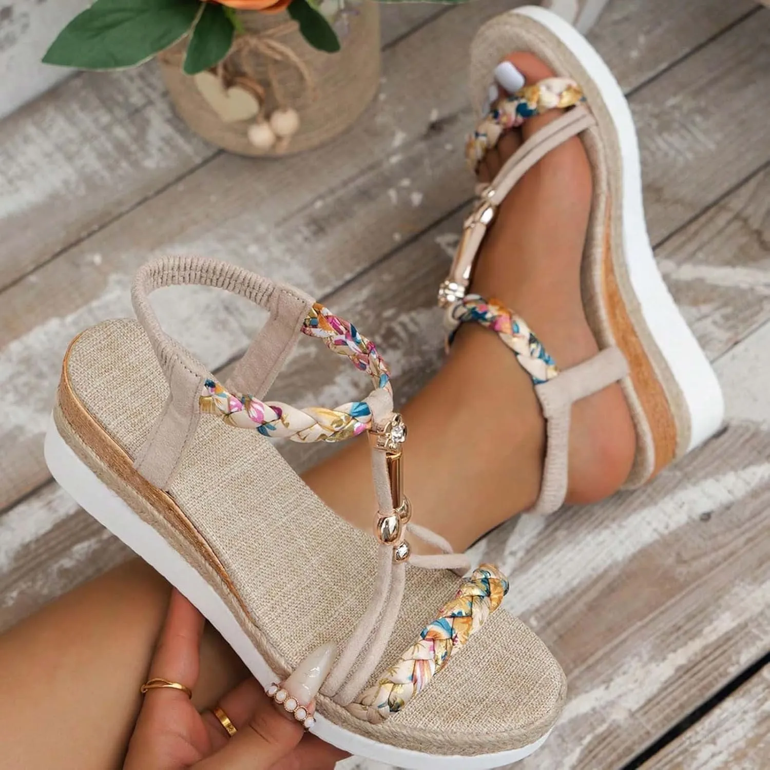 ZSpzx Espadrilles Boho Wedge Sandals for Women, Arch Support Open Toe Rhinestone Glitter Sparkly T-Strap Orthopedic Elastic Ankle Sandal Bohemian Dressy Shoes for Wedding Bridal Evening Cocktail
