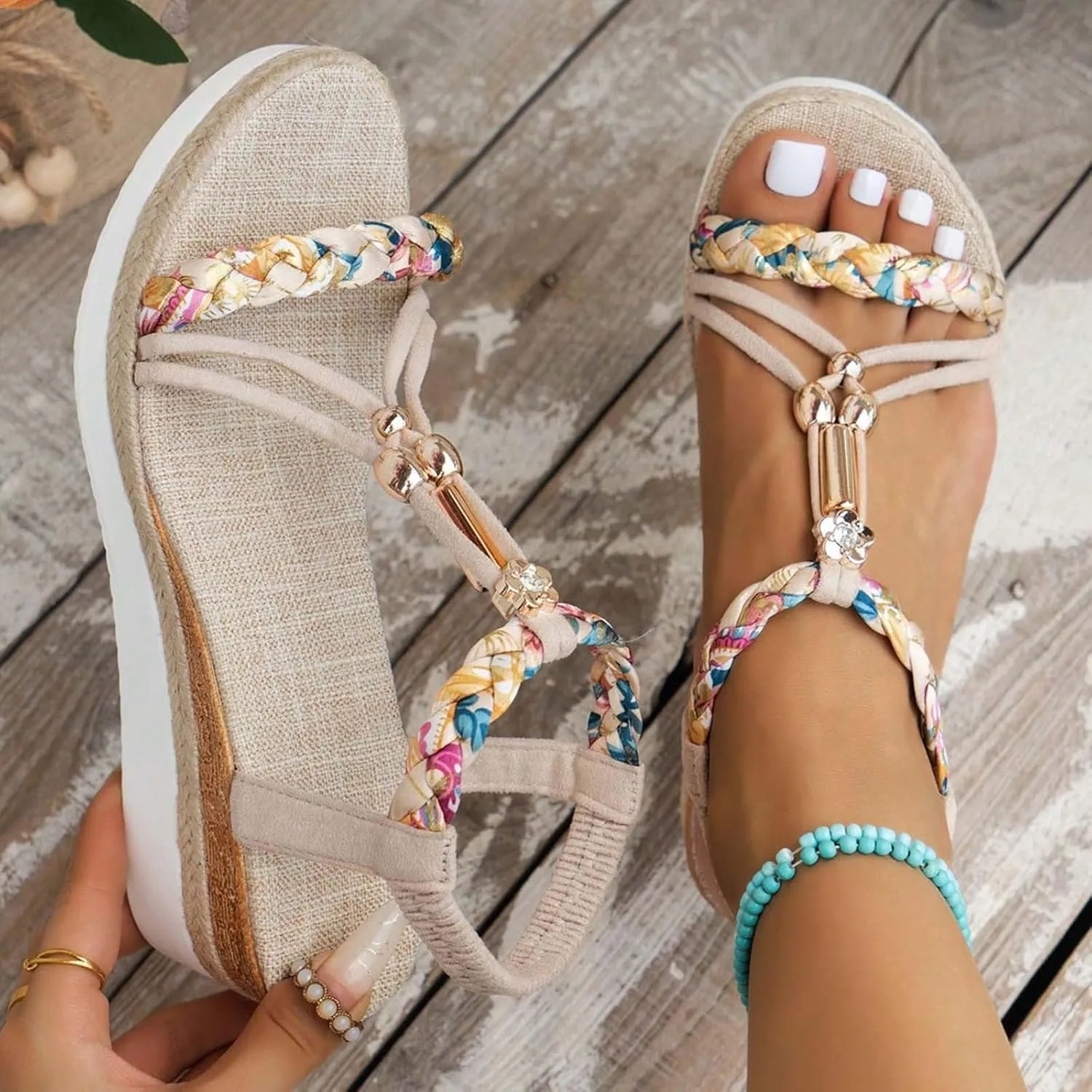 ZSpzx Espadrilles Boho Wedge Sandals for Women, Arch Support Open Toe Rhinestone Glitter Sparkly T-Strap Orthopedic Elastic Ankle Sandal Bohemian Dressy Shoes for Wedding Bridal Evening Cocktail