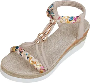 ZSpzx Espadrilles Boho Wedge Sandals for Women, Arch Support Open Toe Rhinestone Glitter Sparkly T-Strap Orthopedic Elastic Ankle Sandal Bohemian Dressy Shoes for Wedding Bridal Evening Cocktail