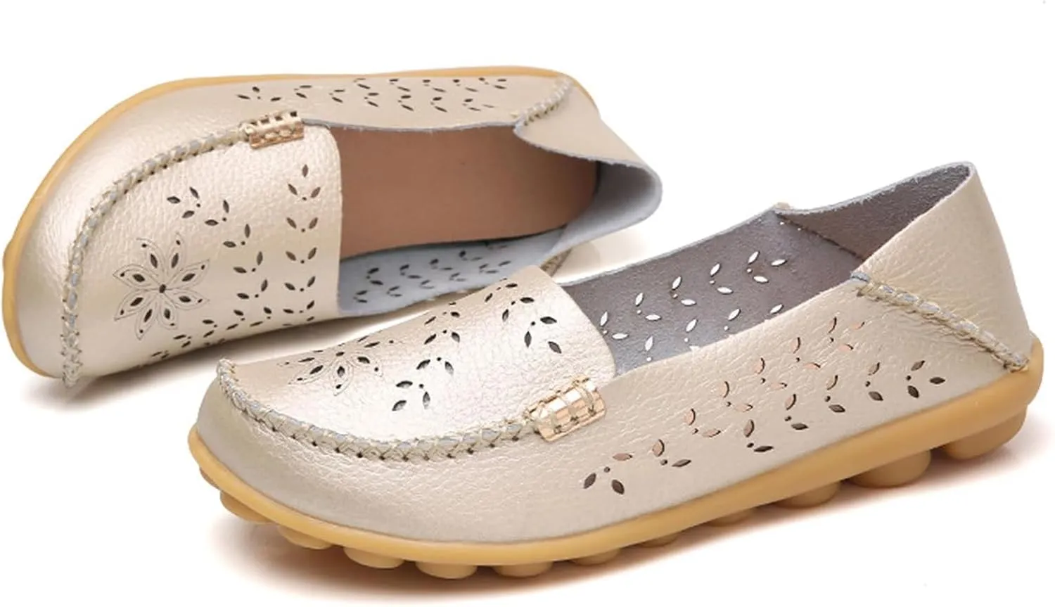 ZWRXW Leather Flats for Women Bohemian Hollow Out Comfort Walking Boat Shoe Summer Dressy Comfortable Breathable Flats Shoes Backless Round Toe Slip On Casual Sneakers Soft Nursing Work Shoes