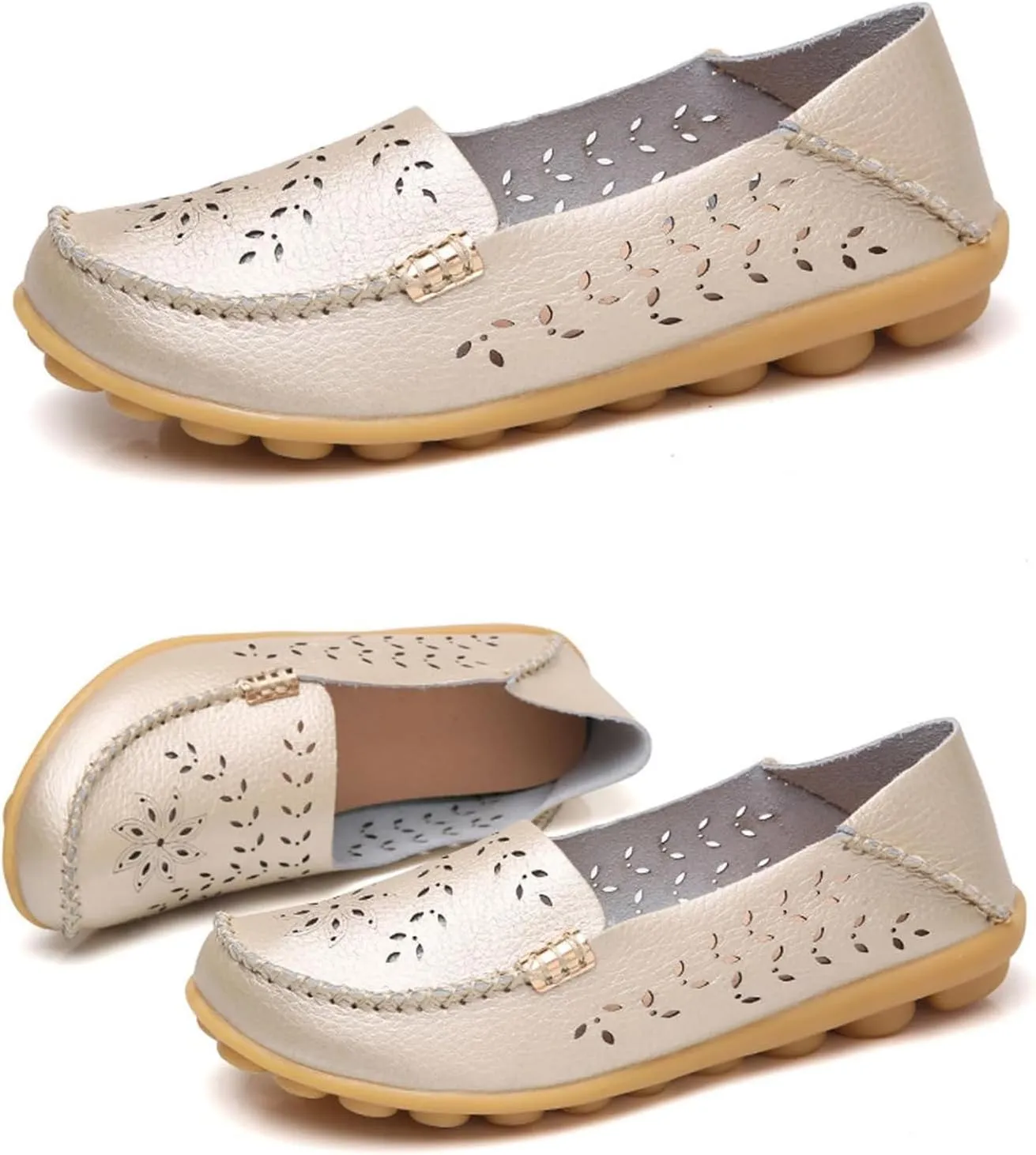 ZWRXW Leather Flats for Women Bohemian Hollow Out Comfort Walking Boat Shoe Summer Dressy Comfortable Breathable Flats Shoes Backless Round Toe Slip On Casual Sneakers Soft Nursing Work Shoes