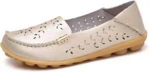 ZWRXW Leather Flats for Women Bohemian Hollow Out Comfort Walking Boat Shoe Summer Dressy Comfortable Breathable Flats Shoes Backless Round Toe Slip On Casual Sneakers Soft Nursing Work Shoes