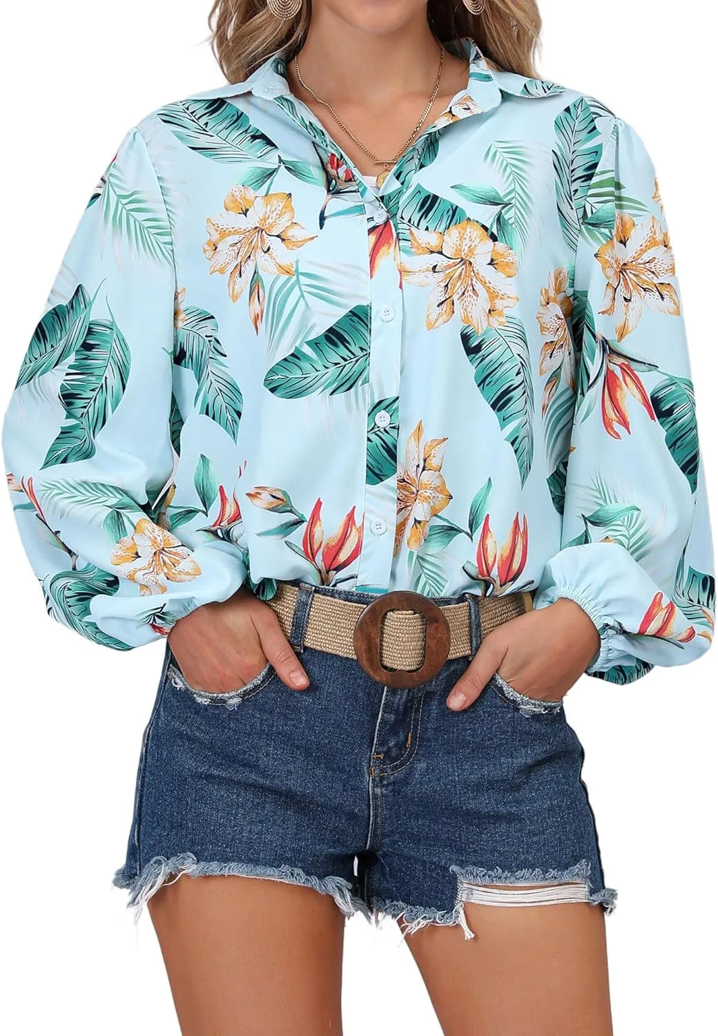 ZXZY Women Soft Dressy Floral Printed Button Down Tropical Hawaiian Shirt Blouse Tops