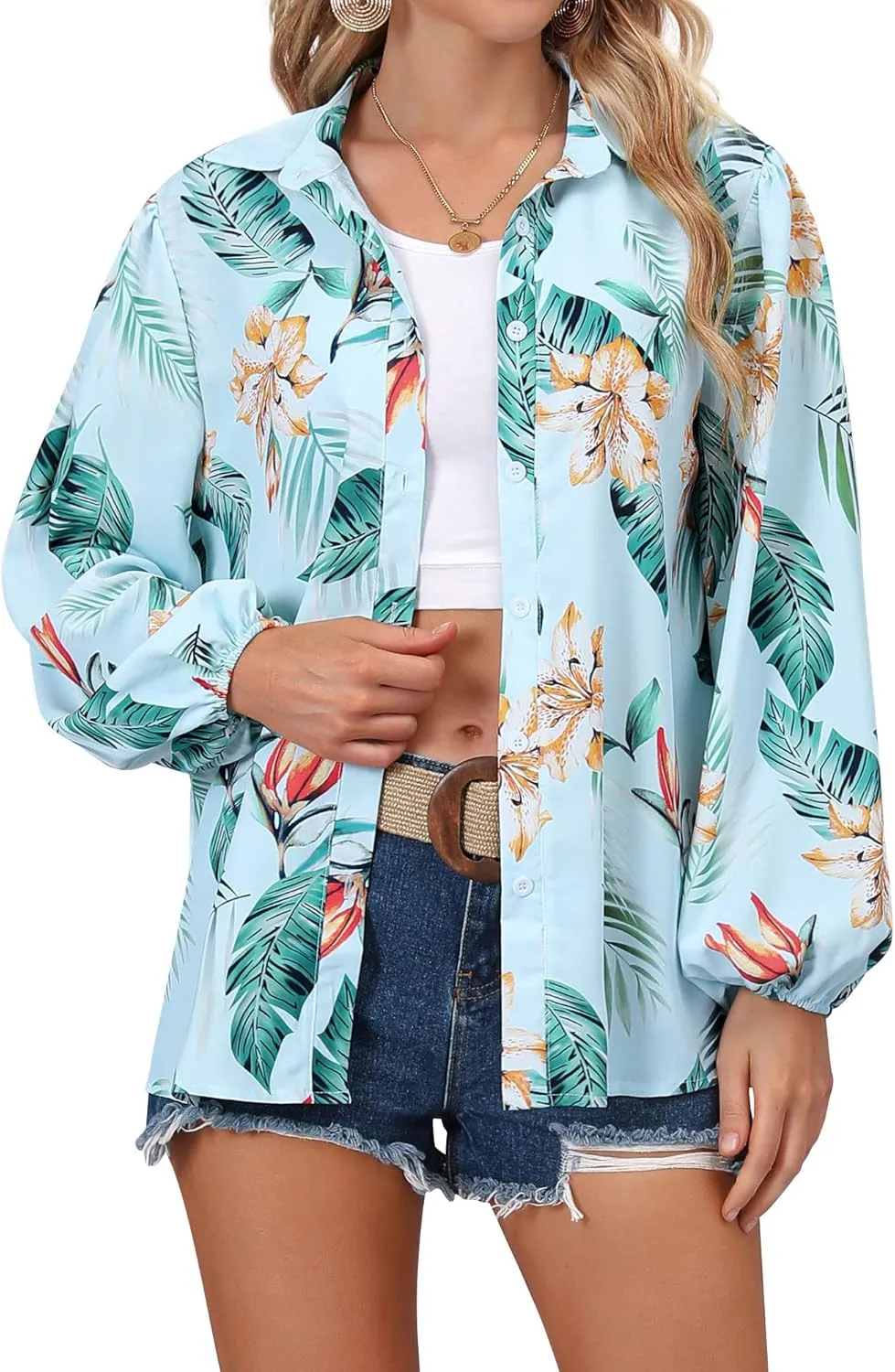 ZXZY Women Soft Dressy Floral Printed Button Down Tropical Hawaiian Shirt Blouse Tops