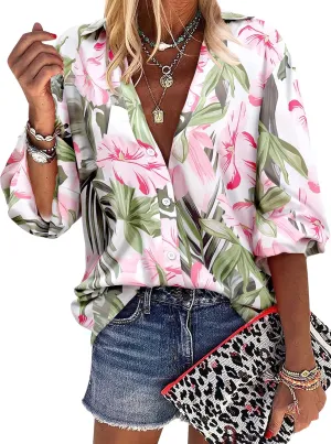 ZXZY Women Soft Dressy Floral Printed Button Down Tropical Hawaiian Shirt Blouse Tops