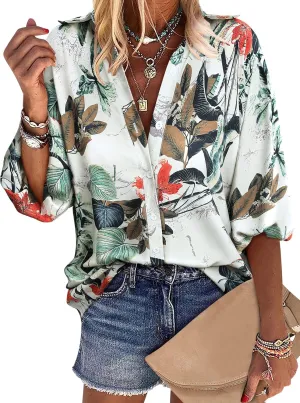 ZXZY Women Soft Dressy Floral Printed Button Down Tropical Hawaiian Shirt Blouse Tops